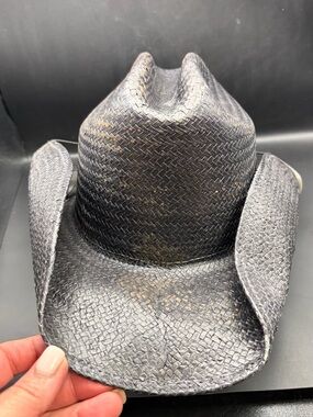 Vintage Black Woven Straw Cowboy Hat Leather Tie Band Made in Mexico S/M